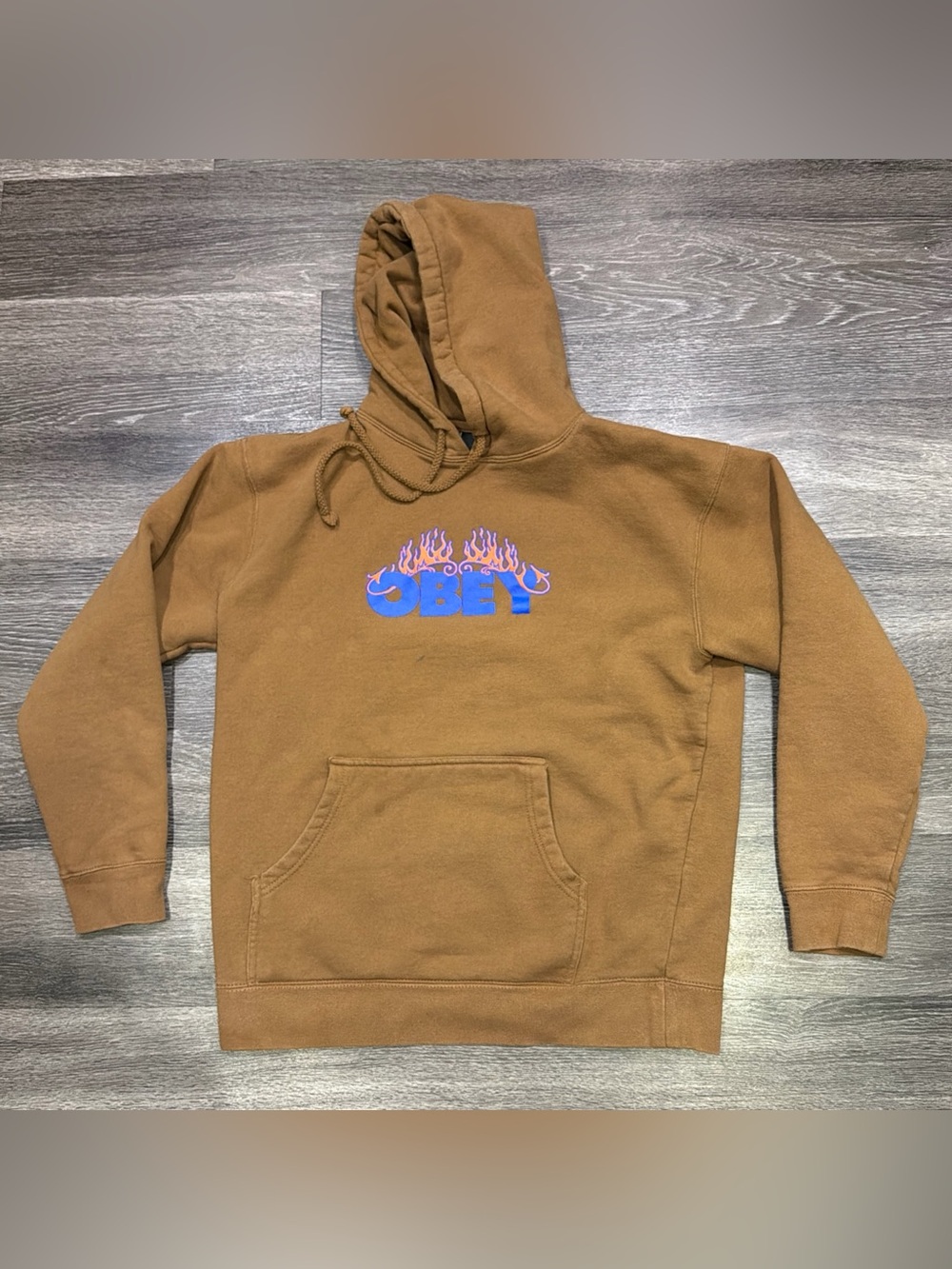 Obey Pullover Hoodie Flame Logo Brown Mens Medium